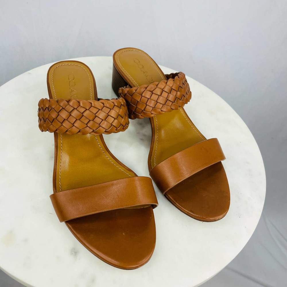 Coach Mia Block Heel Sandal Brown Braided Leather Strap size 8